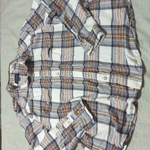 Lucky Brand Men’s Brown Blue White Plaid Snap Shirt XL Good Condition
